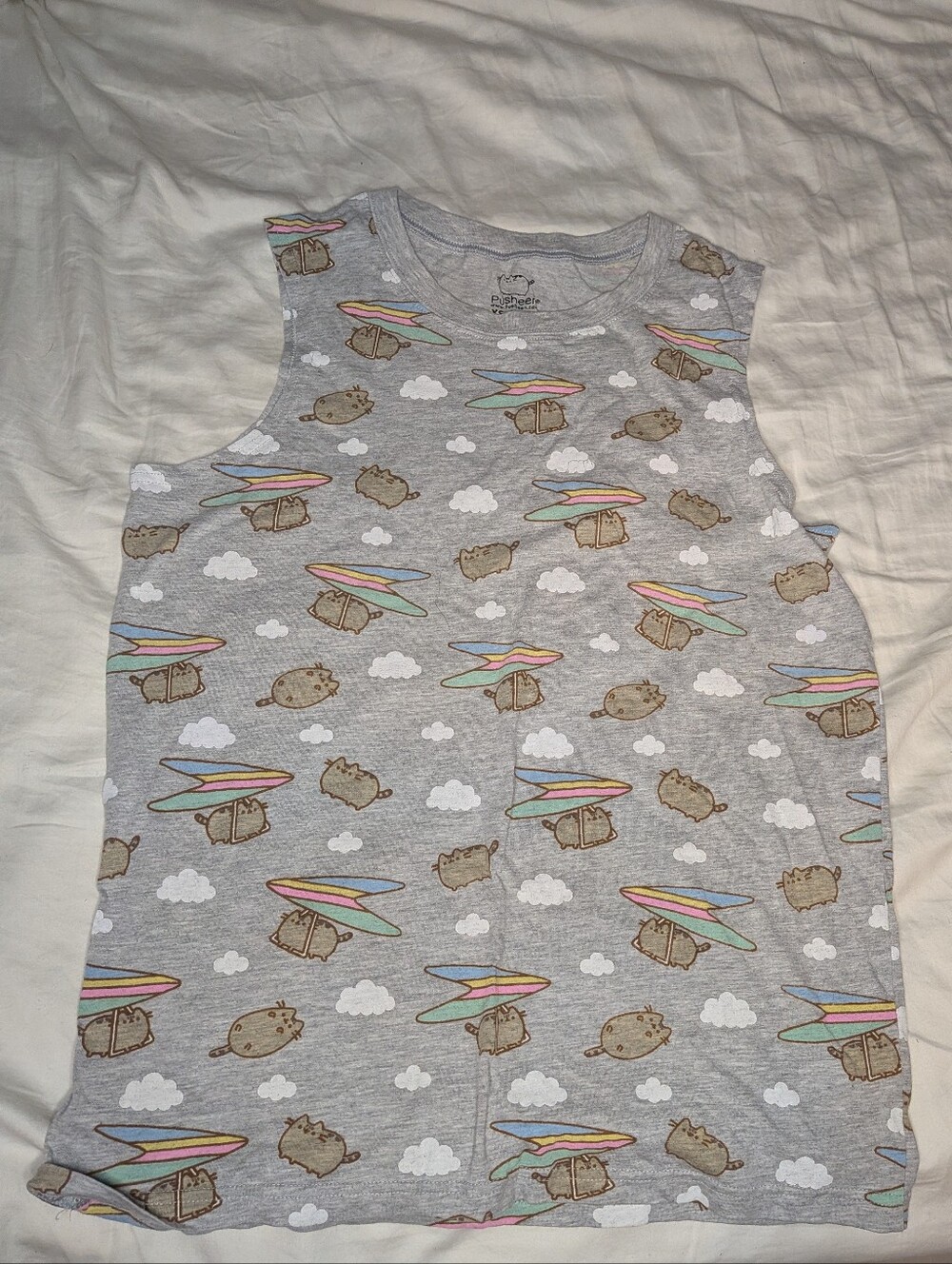 Pusheen Gray Tee with Rainbow Surfboard Motif